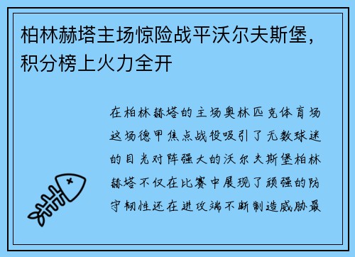 柏林赫塔主场惊险战平沃尔夫斯堡，积分榜上火力全开