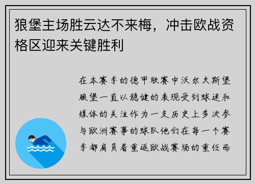 狼堡主场胜云达不来梅，冲击欧战资格区迎来关键胜利