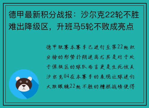 德甲最新积分战报：沙尔克22轮不胜难出降级区，升班马5轮不败成亮点